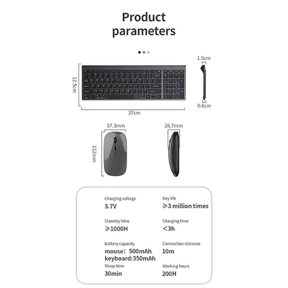 Slim Rechargeable Bluetooth Keyboard and Mouse Set for Laptop Computer 2.4G USB Wireless Keyboard and Mouse Combo