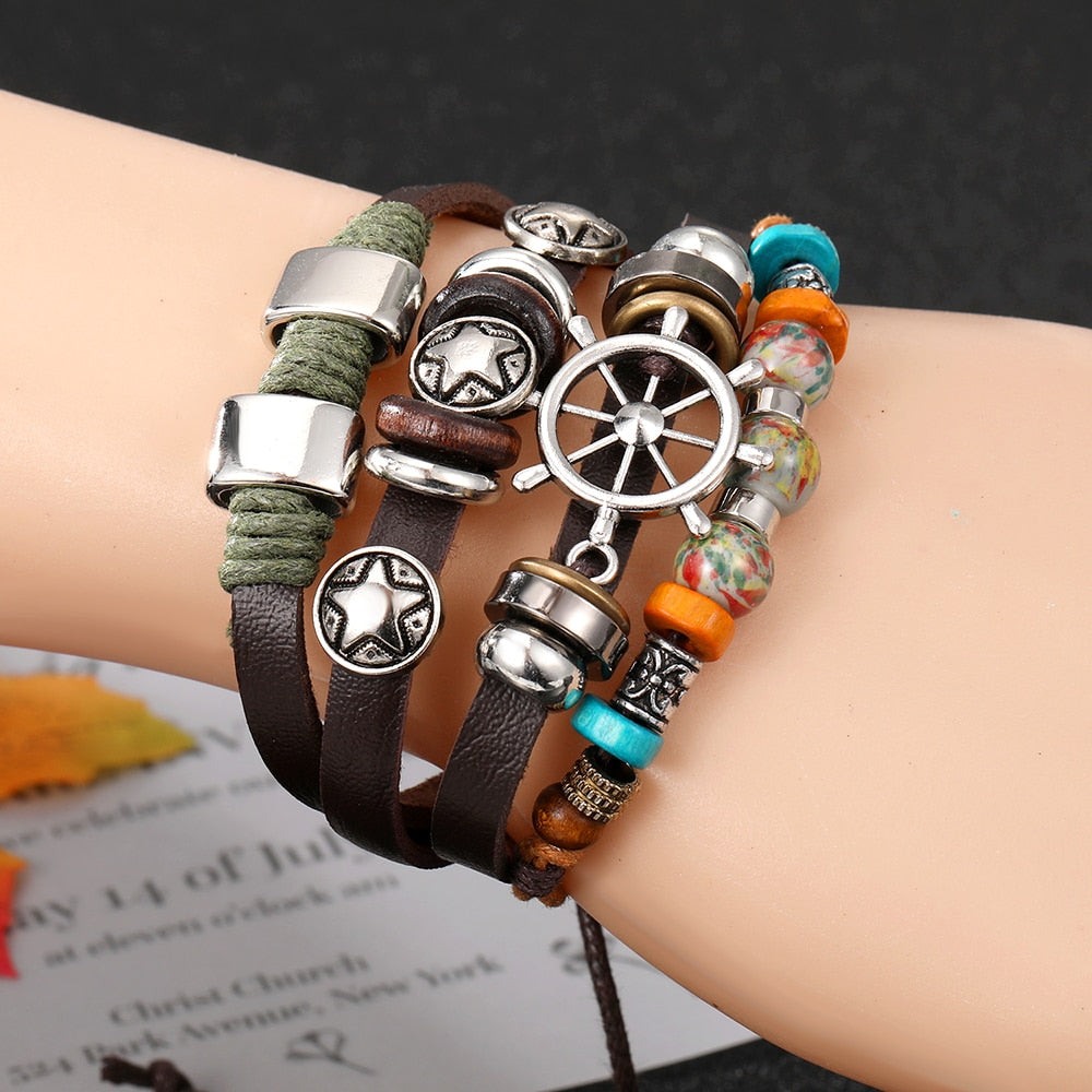 Vintage Gothic Punk Moon Star Metal Multilayer Leather Bracelet Unisex Leaf Bracelets