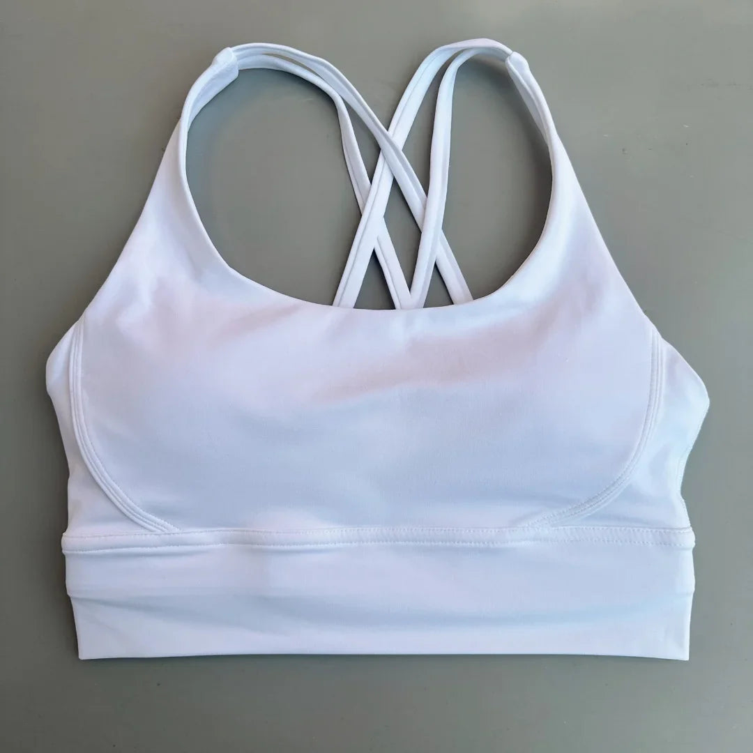 Solid Color Soft Cross Back Women Fitness Bra Tights Yoga Vest High Strength Shockproof Gym Sports Top Push Up With Chest Pad