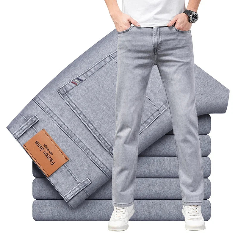 Men's Elastic Cotton Jeans Fashion Gray Comfortable Business Straight Casual Pants