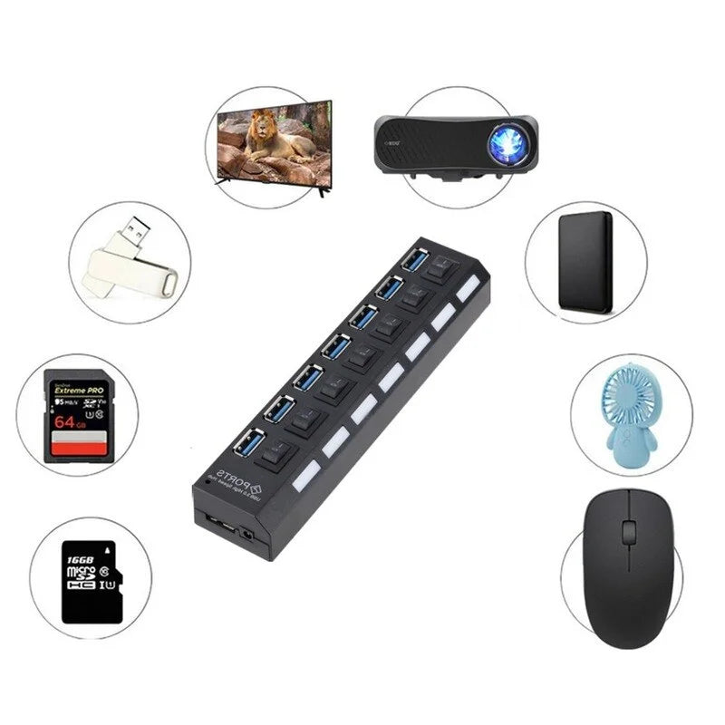 GRWIBEOU USB 3.0 Hub USB Hub 3.0 Use Power Adapter Multi USB Splitter 7 Port Multiple 3 Hab Expander USB Hub with Switch for PC
