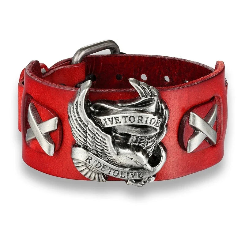 Genuine Leather Ride to live Biker Eagle Bracelets Men Gothic Rock Wide Cuff Wristband