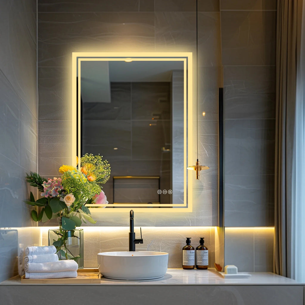 LED Light Bathroom Mirror Illuminated Wall Mounted Vanity Makeup Anti-Fog Rectangle 3 Colors Touch Light