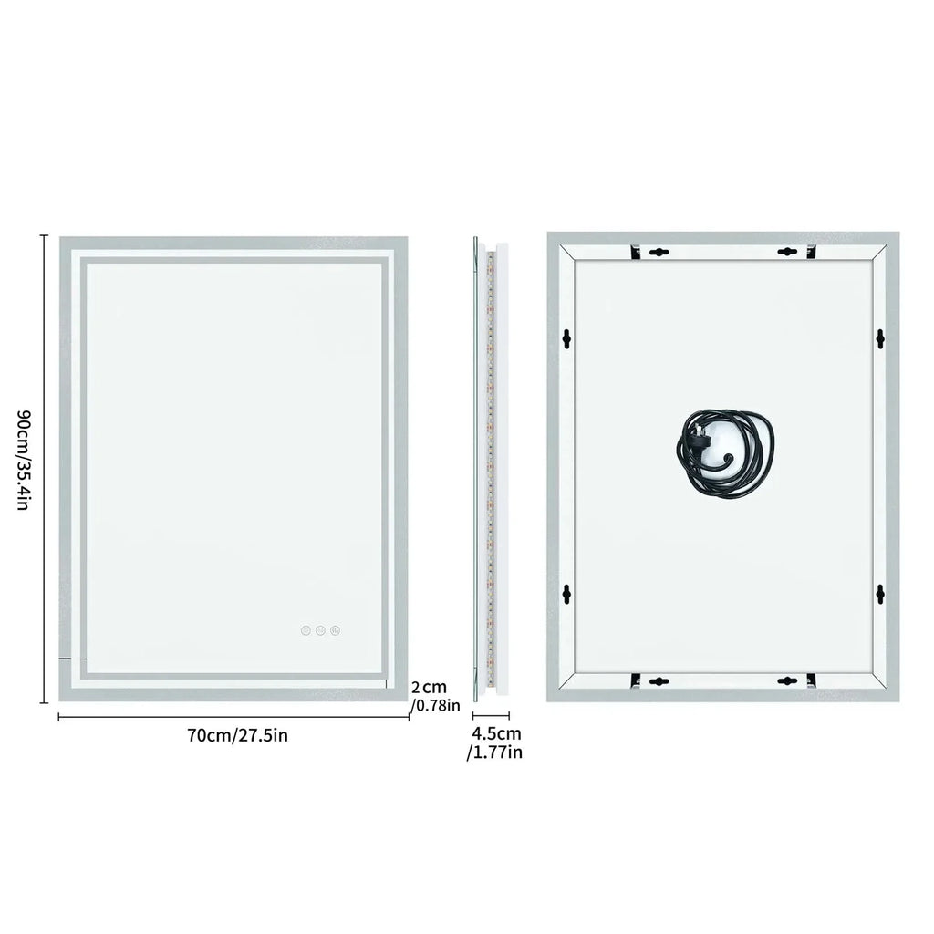 LED Light Bathroom Mirror Illuminated Wall Mounted Vanity Makeup Anti-Fog Rectangle 3 Colors Touch Light
