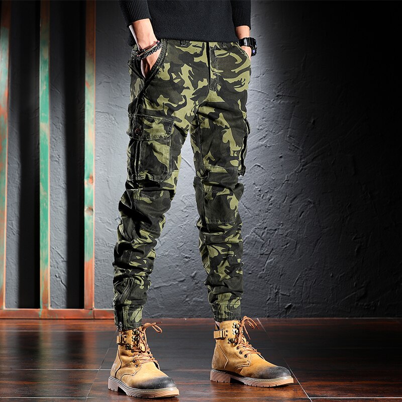 Men Jeans Camouflage Military Trousers Multi Pockets Casual Cargo Pants Hombre Zipper Bottom Hip Hop Joggers