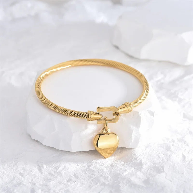 Titanium Steel 18K Gold Plated Heart Charm Bracelet – Simple Elegant Cable Bangle for Women Daily Wear