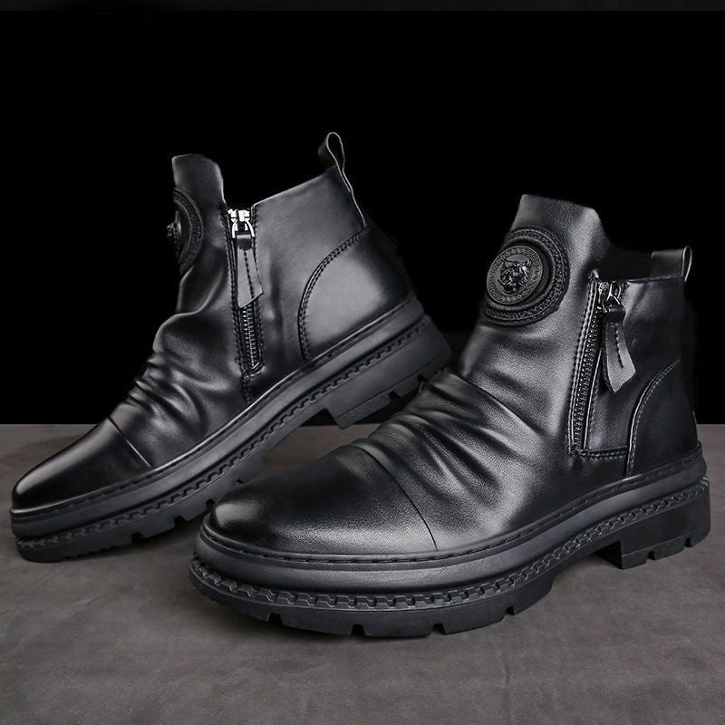 Men's Motorcycle Leather Boots British Style Round Head High Top Shoes Side Zip