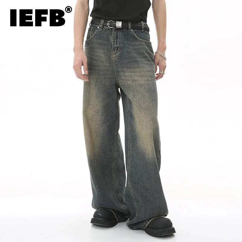 Men's Denim Pants Old Blue Washed Male Jeans Straight  Loose Wide Leg