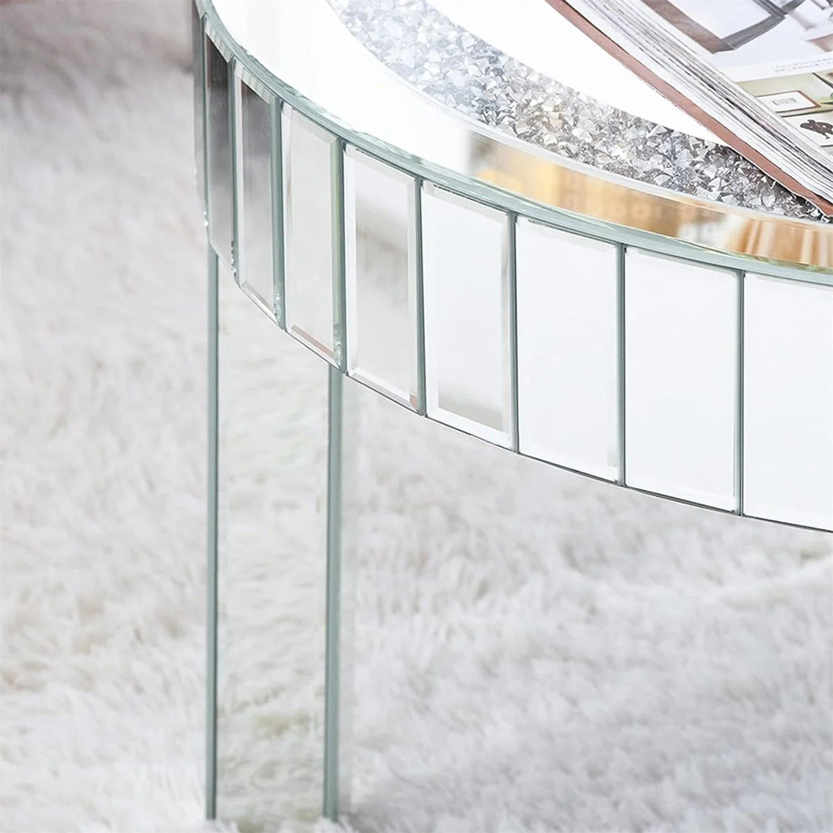 Crushed Crystal Round Mirrored Coffee Table, Sparkle Diamond, Sofa Side End Table, Accent Table, Bedside Table