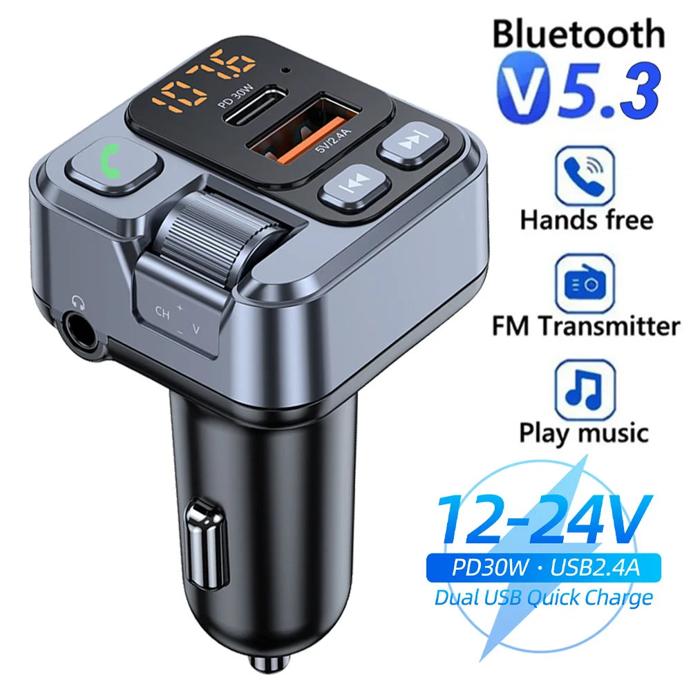 Car Bluetooth Receiver USB U Disk Read PD20w Fast Charging Digital Display Car Mobile Phone Adapter FM Transmiter For Cellphones