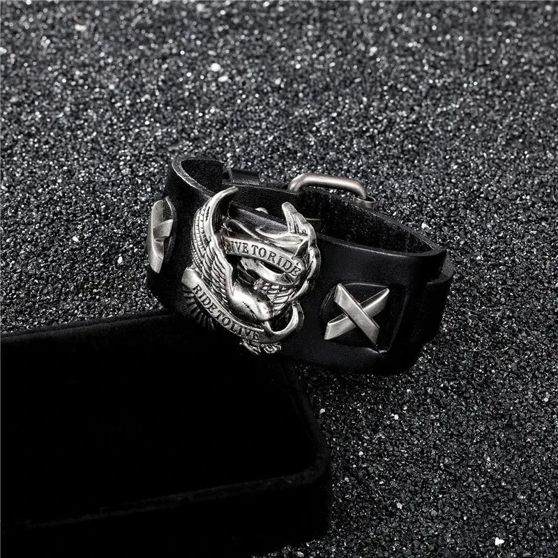 Genuine Leather Ride to live Biker Eagle Bracelets Men Gothic Rock Wide Cuff Wristband