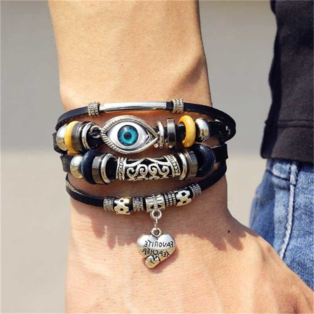 Vintage Gothic Punk Moon Star Metal Multilayer Leather Bracelet Unisex Leaf Bracelets