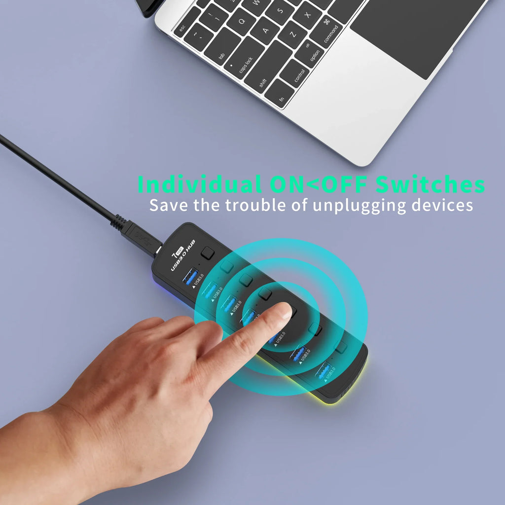 RGB USB 3.0 Hub 7 Ports Data Port Adapter 5Gbps Individual On/Off Switch Splitter Gaming USB Hub For Laptop PC Computer Accessor