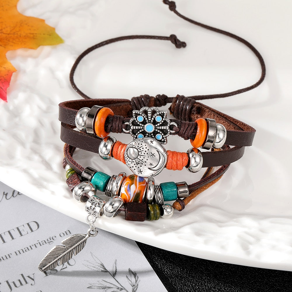 Vintage Gothic Punk Moon Star Metal Multilayer Leather Bracelet Unisex Leaf Bracelets