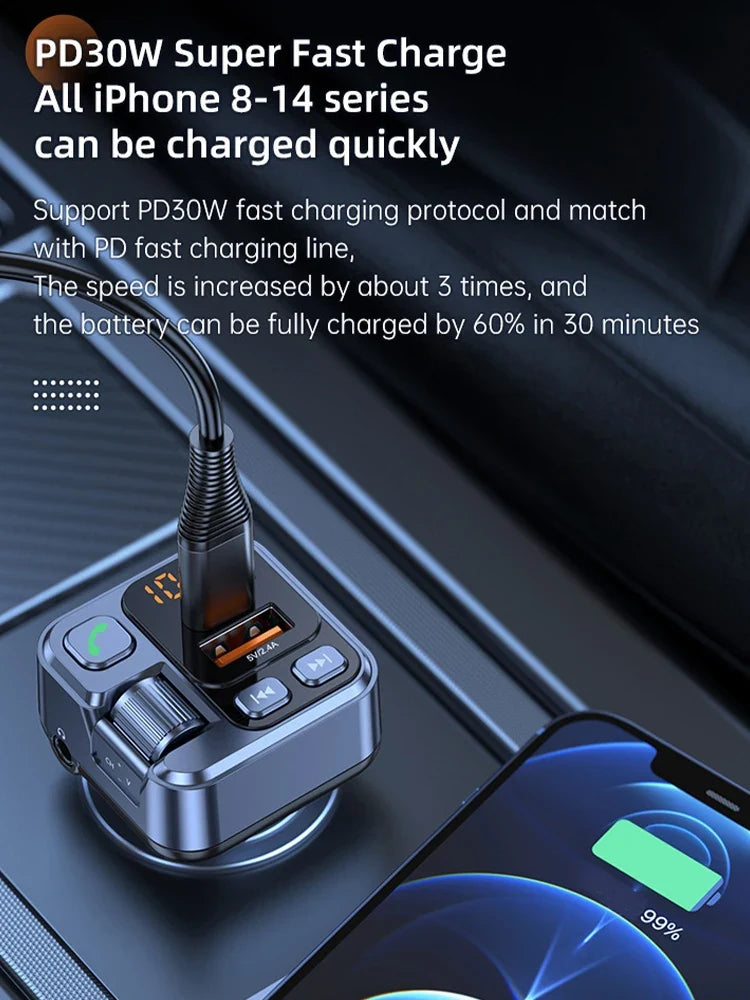 Car Bluetooth Receiver USB U Disk Read PD20w Fast Charging Digital Display Car Mobile Phone Adapter FM Transmiter For Cellphones