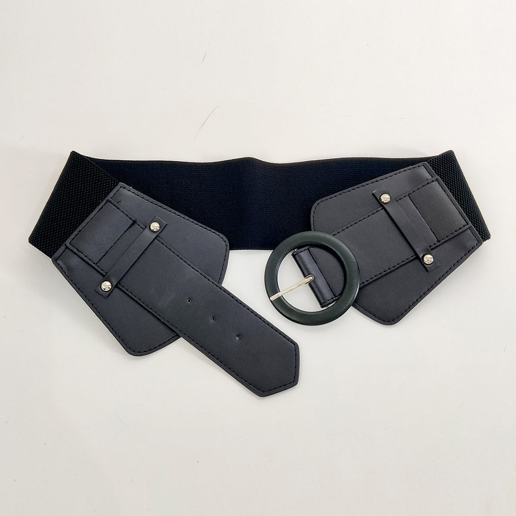 Women’s Wide Stretch Corset Belt – Elastic Cummerbund Waist Cincher with Round Buckle, PU Leather Panels, Adjustable Plus Size Dress Belt