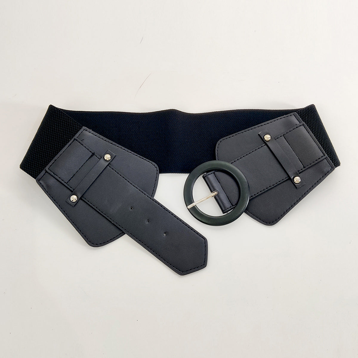 Women’s Wide Stretch Corset Belt – Elastic Cummerbund Waist Cincher with Round Buckle, PU Leather Panels, Adjustable Plus Size Dress Belt