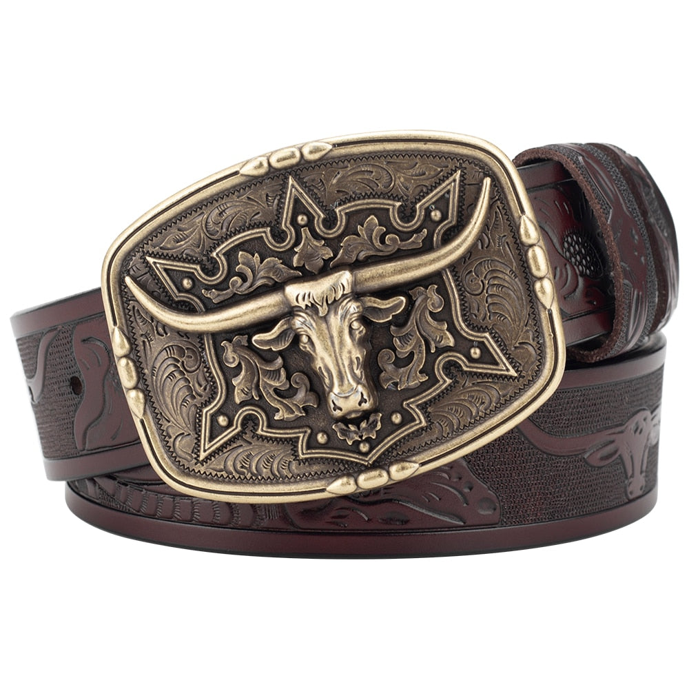 Fashion Men's Belt West Cowboy Genuine Leather Bull Head Buckle