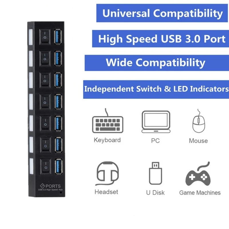 GRWIBEOU USB 3.0 Hub USB Hub 3.0 Use Power Adapter Multi USB Splitter 7 Port Multiple 3 Hab Expander USB Hub with Switch for PC