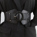 Women’s Wide Stretch Corset Belt – Elastic Cummerbund Waist Cincher with Round Buckle, PU Leather Panels, Adjustable Plus Size Dress Belt