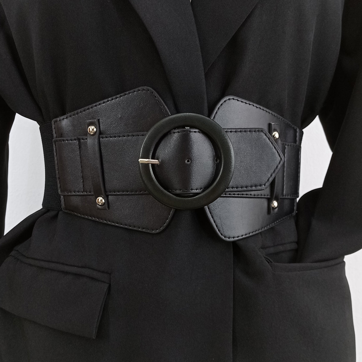 Women’s Wide Stretch Corset Belt – Elastic Cummerbund Waist Cincher with Round Buckle, PU Leather Panels, Adjustable Plus Size Dress Belt