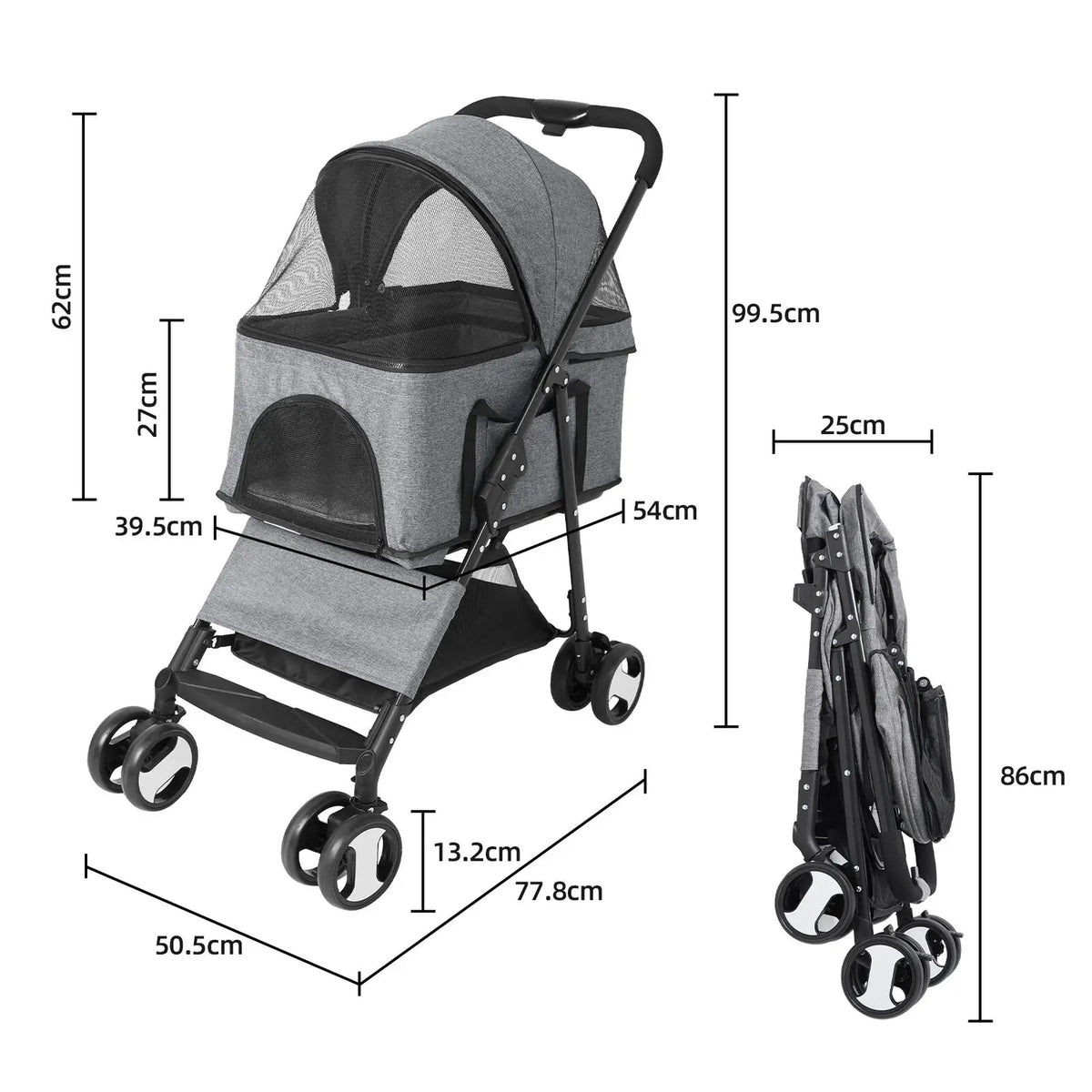 Large 4 Wheel Dog Carrier Trailer, Pram with Mesh Windows, Outdoor Portable Puppy Travel Walk Carrier, Load 30kg