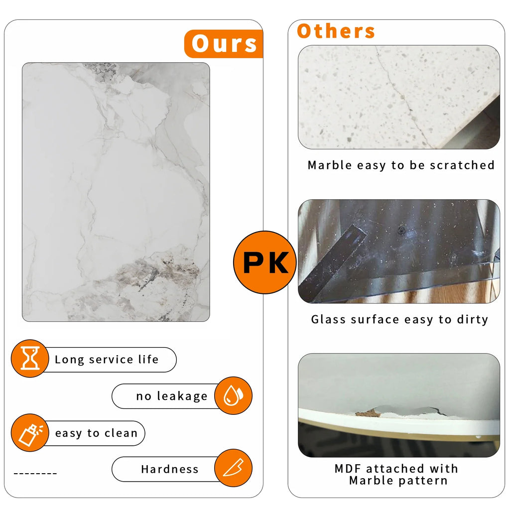 High Gloss 4-6 Seat Rectangular Marble Dining Table for Kitchen Island Restaurant Lunch Dinner Table Metal Frame