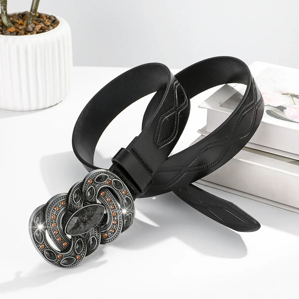 Western Pu Leather Belt for Women – Vintage Belt with Large Turquoise Stone Buckle, Cowgirl Country Rodeo Fashion Accessory