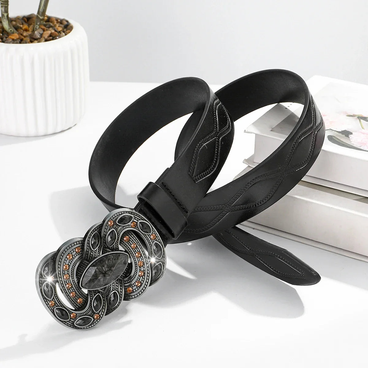 Western Pu Leather Belt for Women – Vintage Belt with Large Turquoise Stone Buckle, Cowgirl Country Rodeo Fashion Accessory