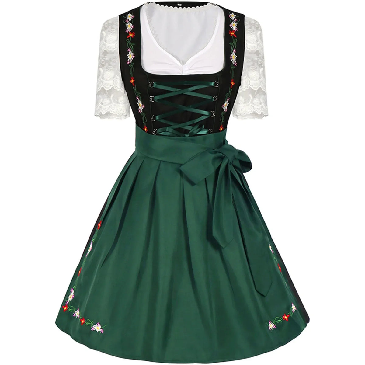 Women’s Black & Green Dirndl Dress – Traditional Bavarian Oktoberfest Costume with Embroidered Apron & Lace Blouse