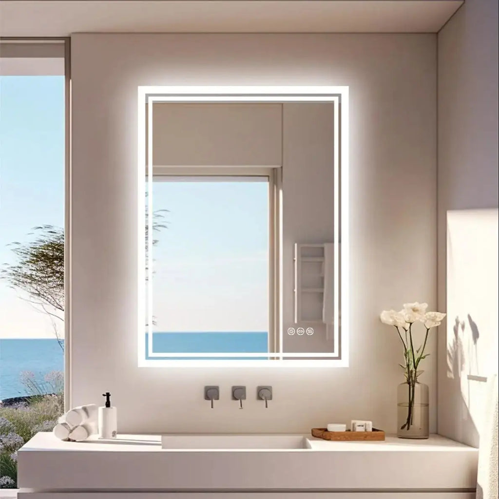 LED Light Bathroom Mirror Illuminated Wall Mounted Vanity Makeup Anti-Fog Rectangle 3 Colors Touch Light