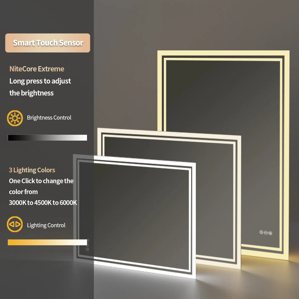 LED Light Bathroom Mirror Illuminated Wall Mounted Vanity Makeup Anti-Fog Rectangle 3 Colors Touch Light