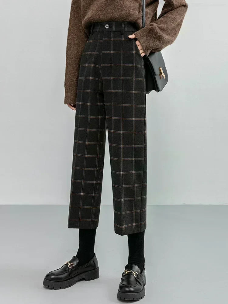 Woolen Plaid Women Formal Straight Pants High Waist Ankle-Length Chic Loose Ladies Pants