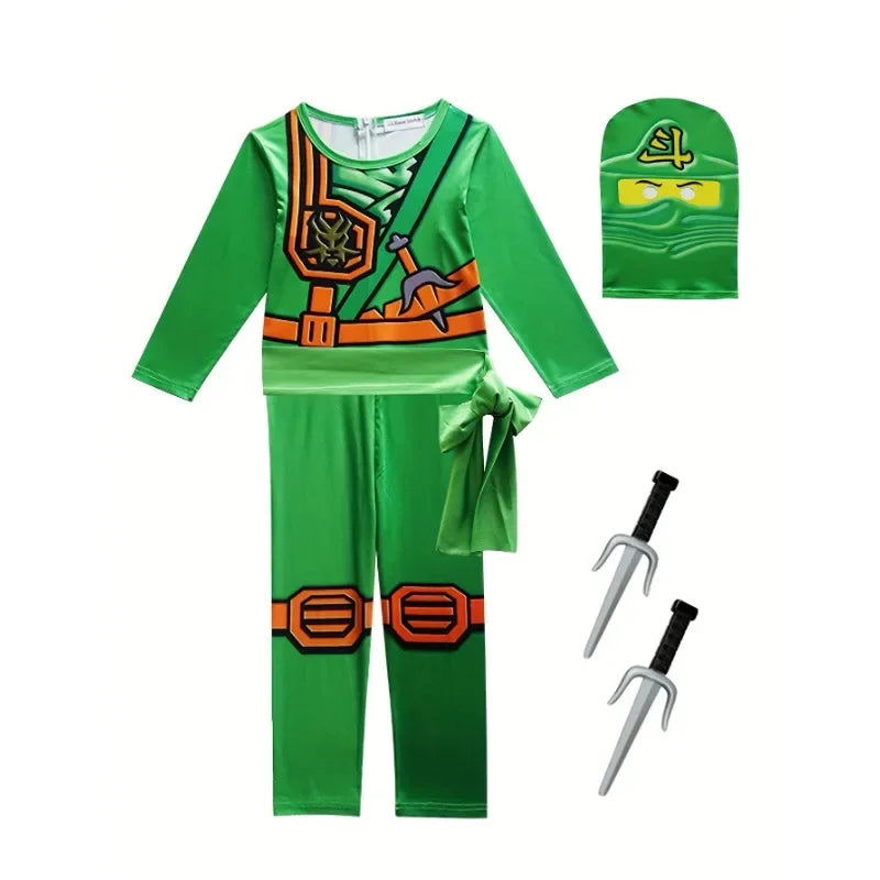 Boys Japanese Ninja Onesie Play Costume Printed Green Cartoon Anime Mask Costume Japanese Samurai Fork Halloween Dress Up Party