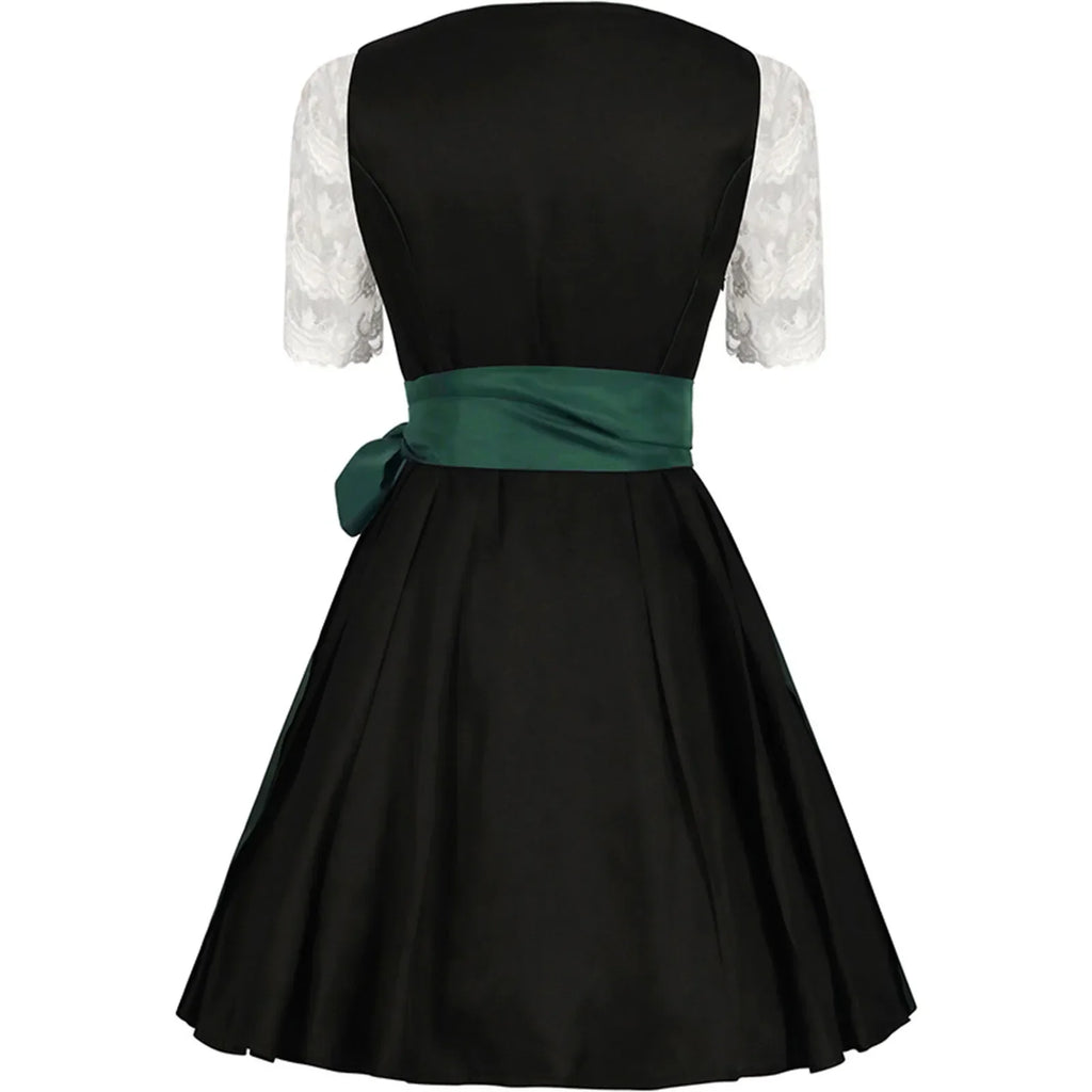Women’s Black & Green Dirndl Dress – Traditional Bavarian Oktoberfest Costume with Embroidered Apron & Lace Blouse