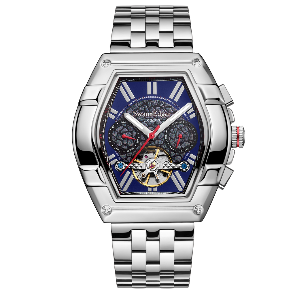 Limited Edition Swan & Edgar Hand Assembled Knight Exhibition Automatic Silver Navy