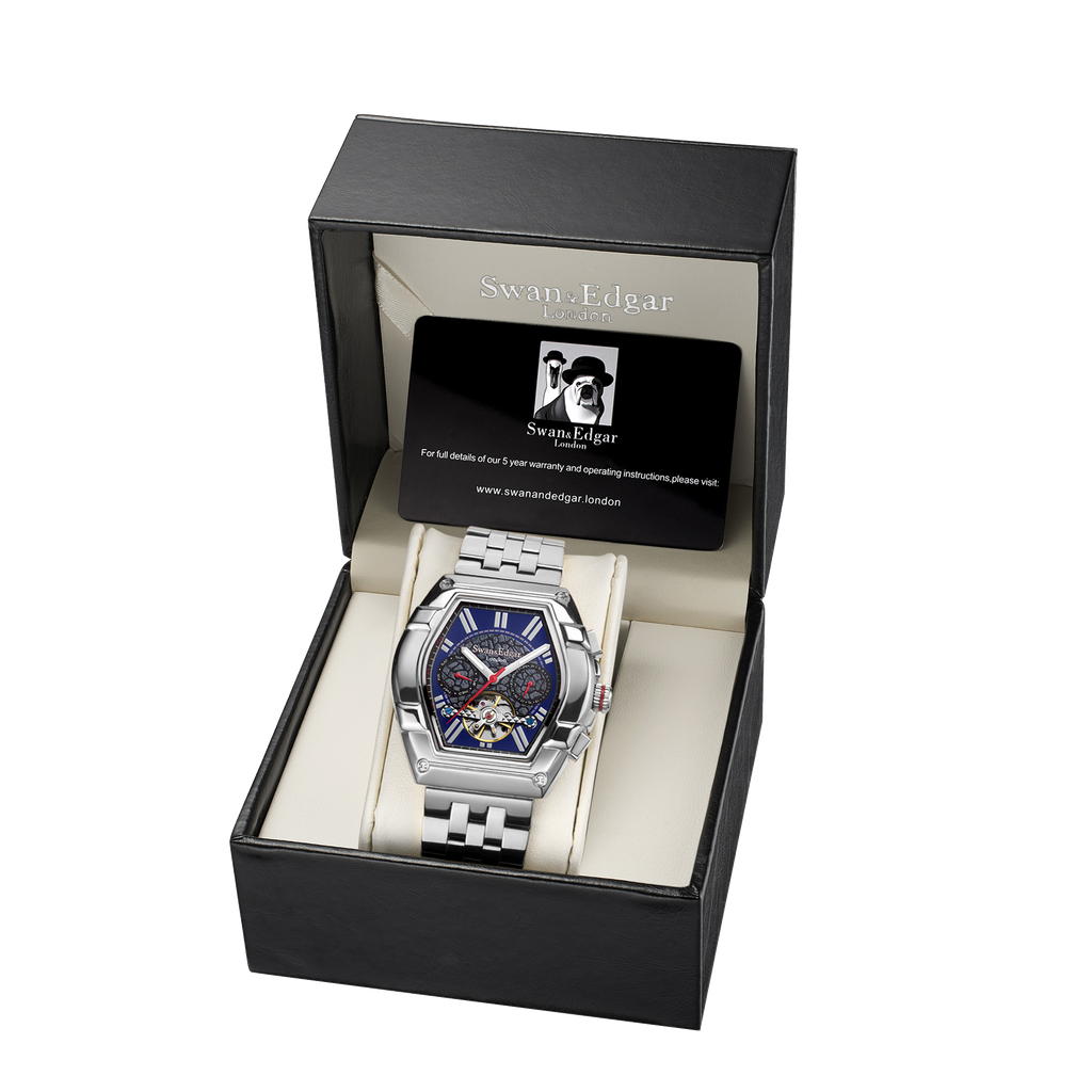 Limited Edition Swan & Edgar Hand Assembled Knight Exhibition Automatic Silver Navy