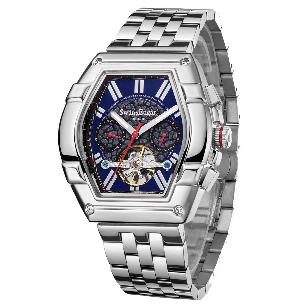 Limited Edition Swan & Edgar Hand Assembled Knight Exhibition Automatic Silver Navy