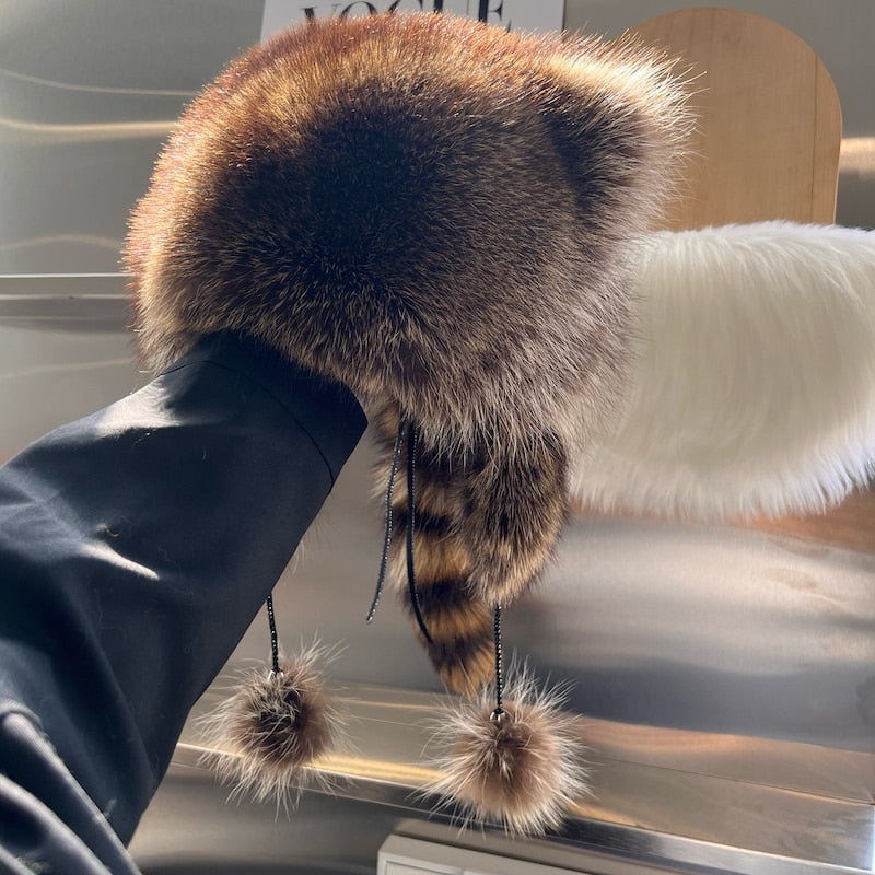Raccoon Fur Cap Tail Women Natural Raccoon Fur Caps Ushanka Hats Thick Warm Ears Fashion Bomber Pom Pom Hat