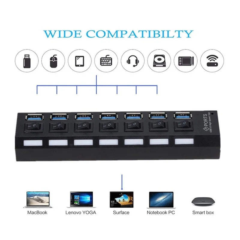 GRWIBEOU USB 3.0 Hub USB Hub 3.0 Use Power Adapter Multi USB Splitter 7 Port Multiple 3 Hab Expander USB Hub with Switch for PC