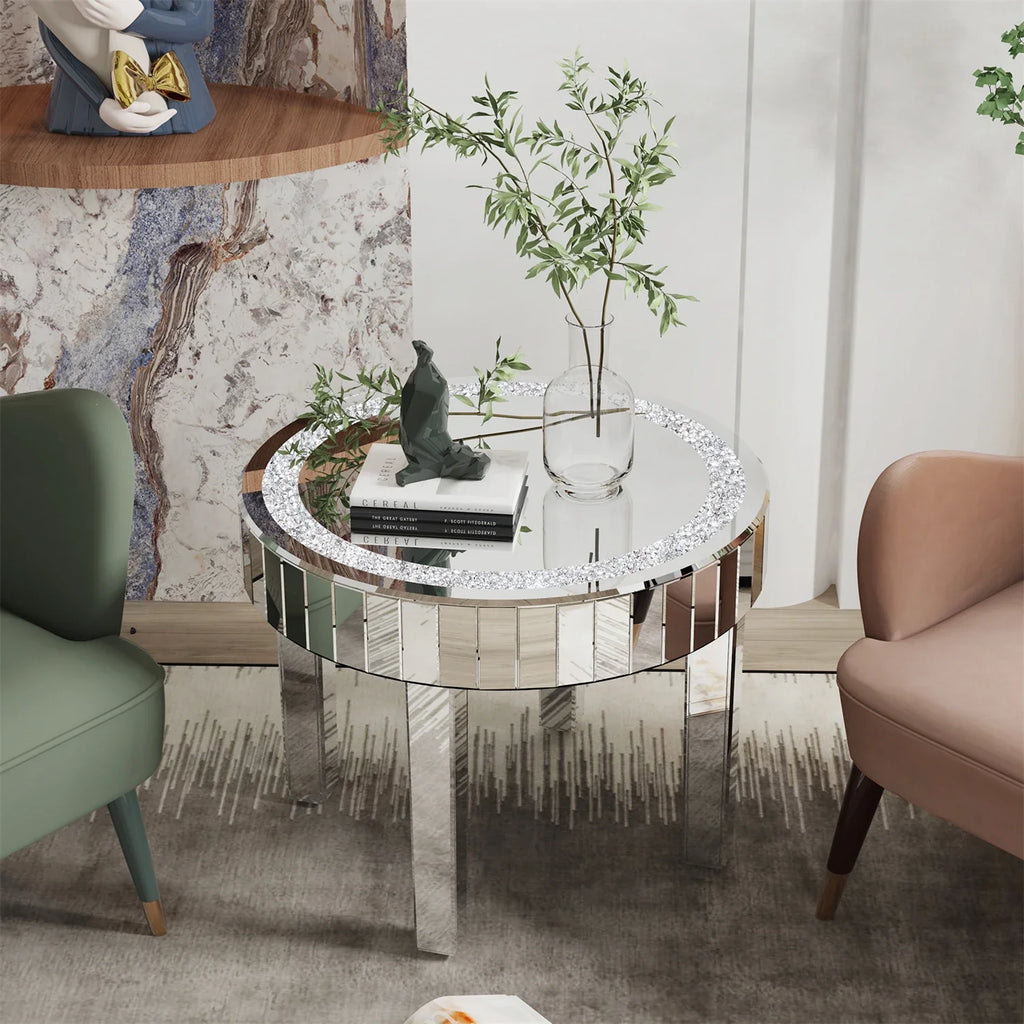 Crushed Crystal Round Mirrored Coffee Table, Sparkle Diamond, Sofa Side End Table, Accent Table, Bedside Table