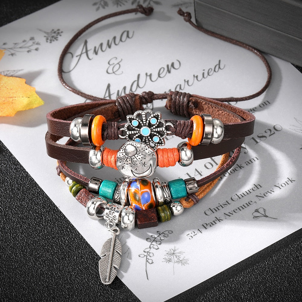 Vintage Gothic Punk Moon Star Metal Multilayer Leather Bracelet Unisex Leaf Bracelets