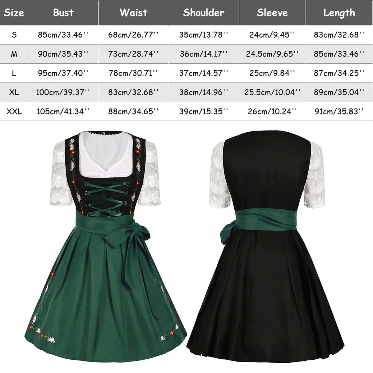 Women’s Black & Green Dirndl Dress – Traditional Bavarian Oktoberfest Costume with Embroidered Apron & Lace Blouse