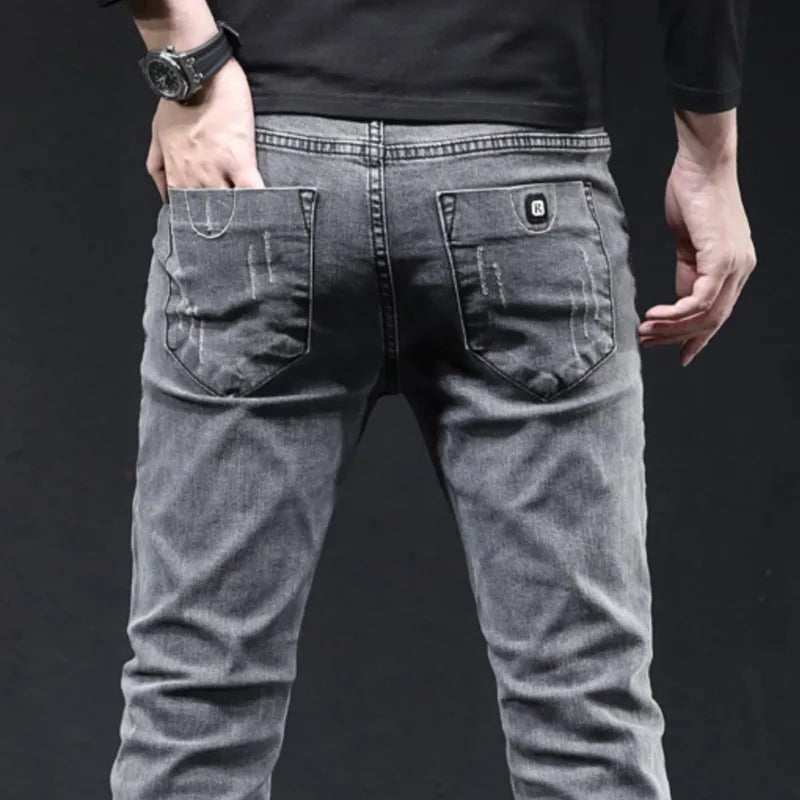 Grey Denim Jeans Male Elastic Pants Fashion Men's Long Thin slim fit