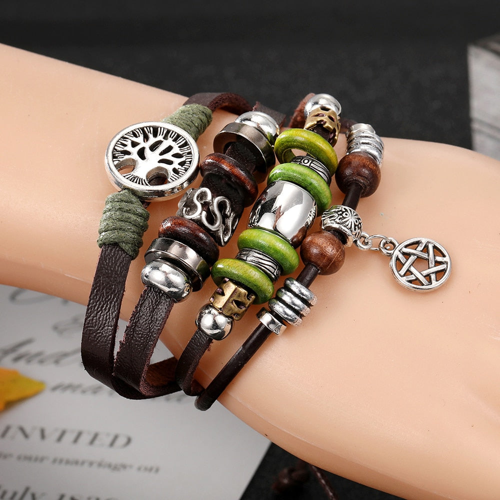 Vintage Gothic Punk Moon Star Metal Multilayer Leather Bracelet Unisex Leaf Bracelets