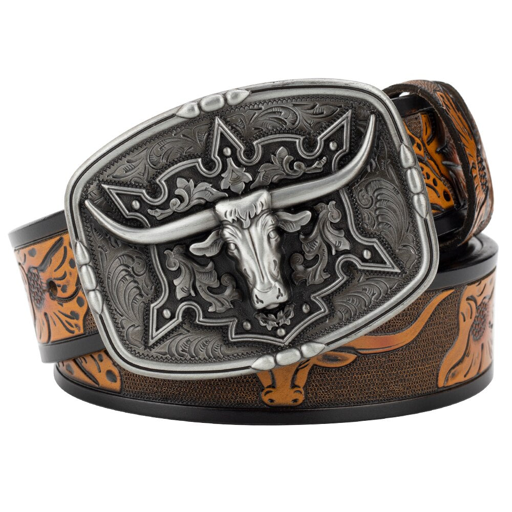 Fashion Men's Belt West Cowboy Genuine Leather Bull Head Buckle