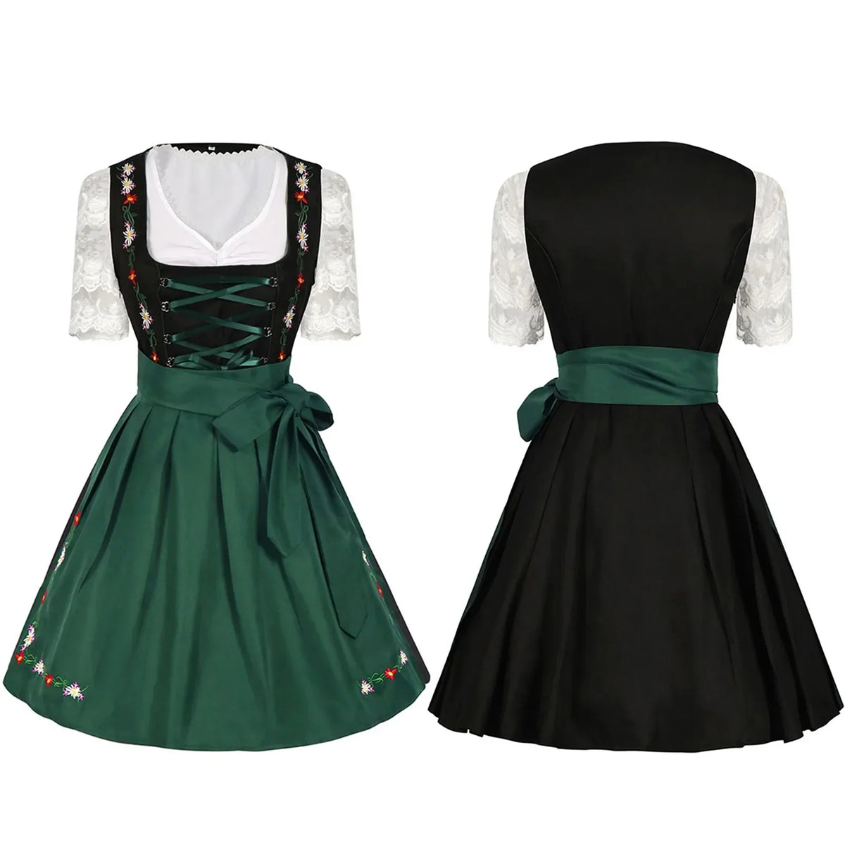 Women’s Black & Green Dirndl Dress – Traditional Bavarian Oktoberfest Costume with Embroidered Apron & Lace Blouse