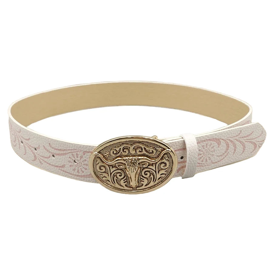 Western Cowboy PU Leather Belt with Longhorn Bull Head Buckle – Vintage Rodeo Belt for Men & Women, 3.8cm Wide, Buckle 8x5.5cm