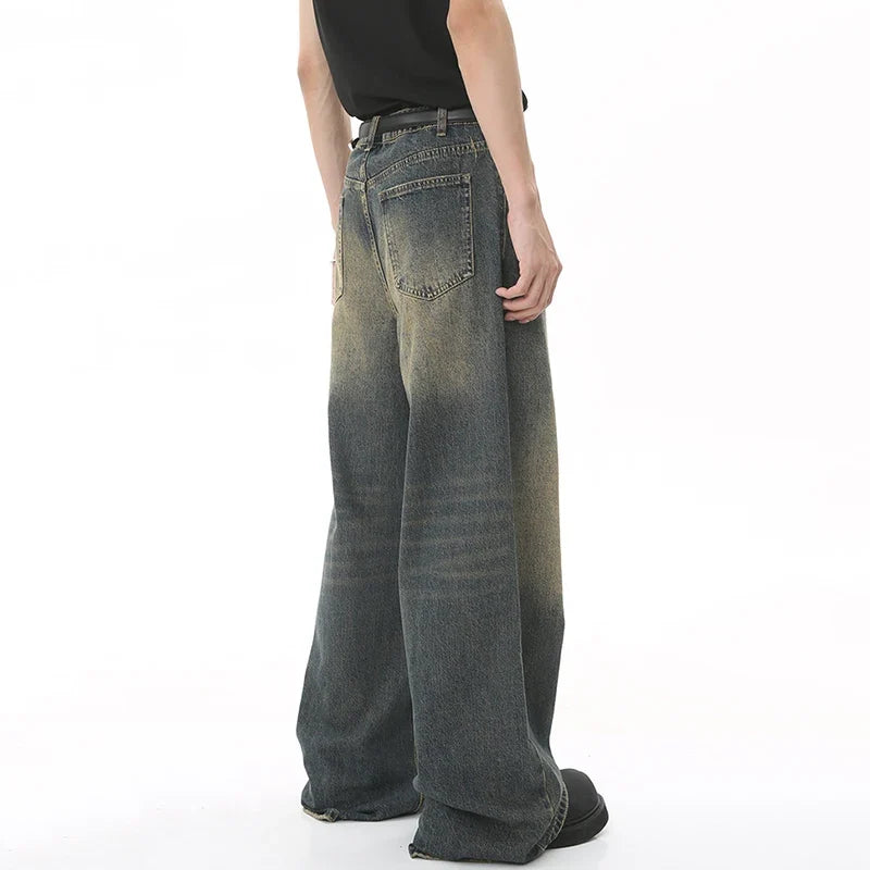 Men's Denim Pants Old Blue Washed Male Jeans Straight  Loose Wide Leg