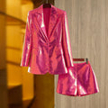 Bling Sequins Cloth Suit Single Button Blazer Shorts Fushcia Color